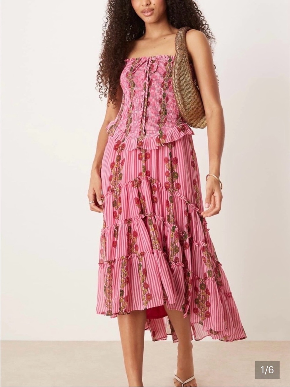 Free People Rose Pink Floral Smocked Tiered Midi Dress